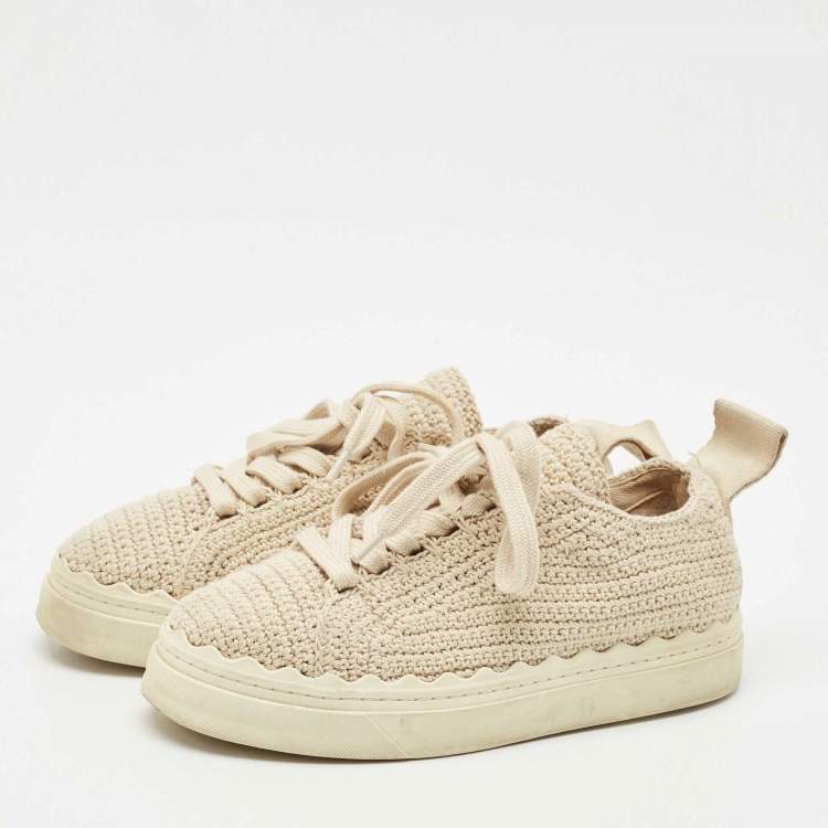 Pre Owned Chloe Beige Knit Fabric Lauren Lace Up Sneakers Size 37-38