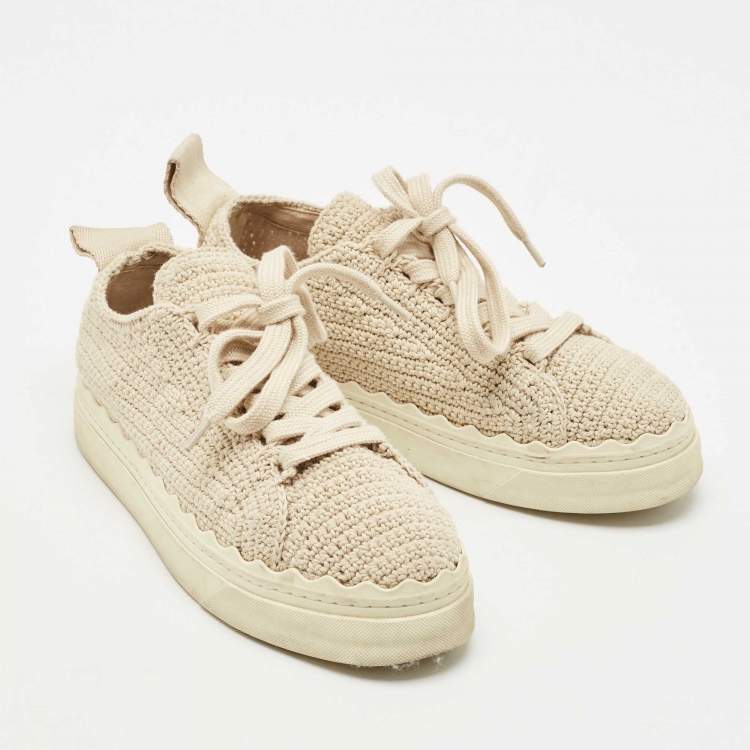 Pre Owned Chloe Beige Knit Fabric Lauren Lace Up Sneakers Size 37-38