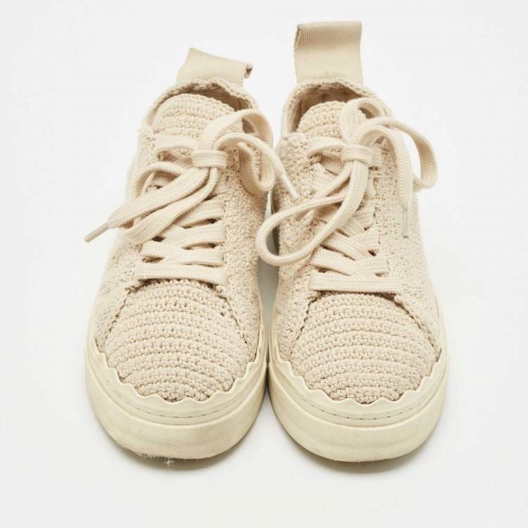 Pre Owned Chloe Beige Knit Fabric Lauren Lace Up Sneakers Size 37-38