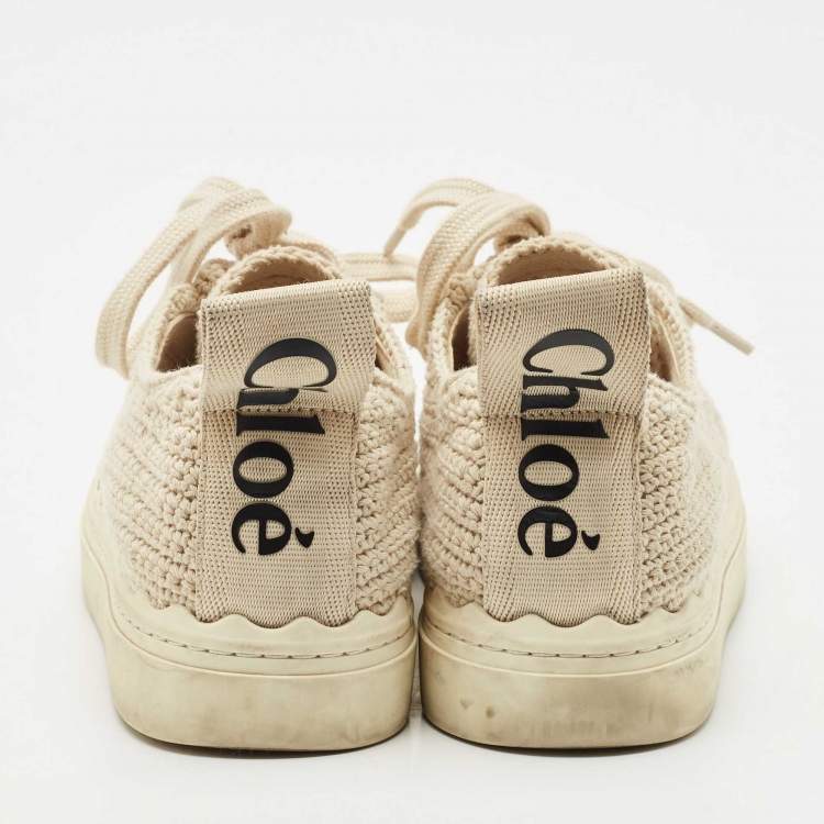 Pre Owned Chloe Beige Knit Fabric Lauren Lace Up Sneakers Size 37-38