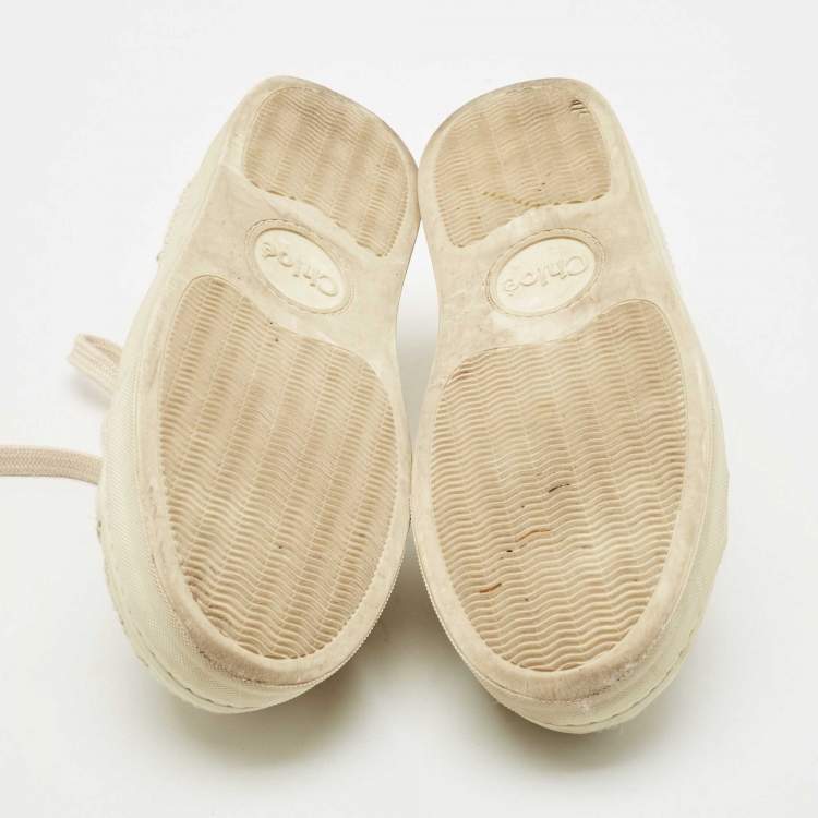 Pre Owned Chloe Beige Knit Fabric Lauren Lace Up Sneakers Size 37-38