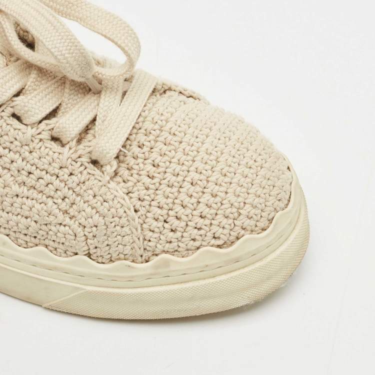 Pre Owned Chloe Beige Knit Fabric Lauren Lace Up Sneakers Size 37-38