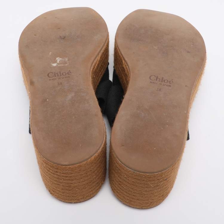 Pre Owned Chloe Black Canvas Logo Print Wedge Espadrilles Platform Slide Sandals Size 38
