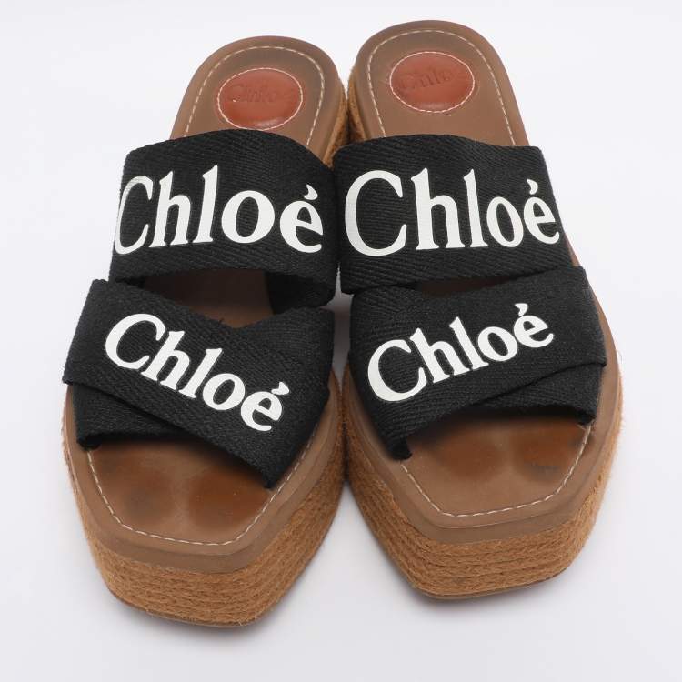 Pre Owned Chloe Black Canvas Logo Print Wedge Espadrilles Platform Slide Sandals Size 38