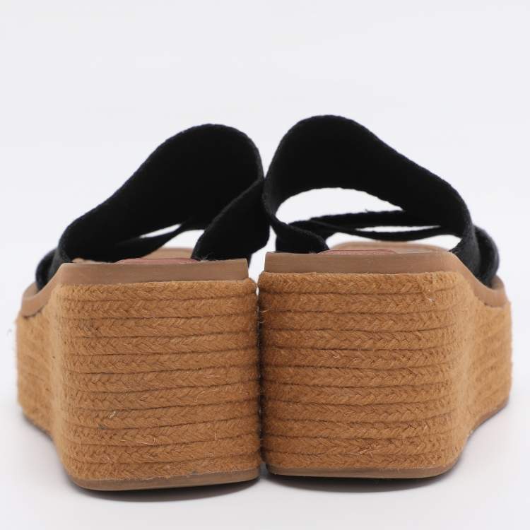 Pre Owned Chloe Black Canvas Logo Print Wedge Espadrilles Platform Slide Sandals Size 38