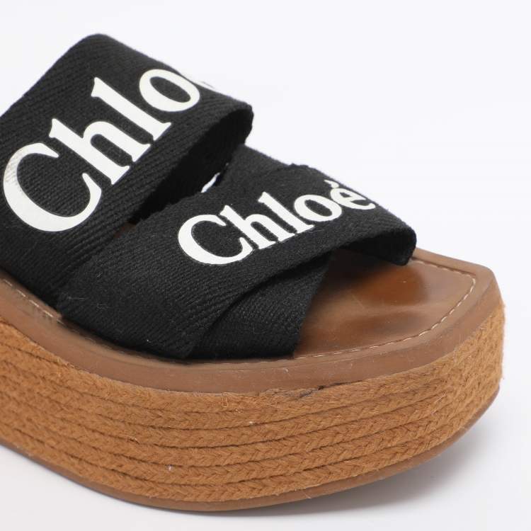 Pre Owned Chloe Black Canvas Logo Print Wedge Espadrilles Platform Slide Sandals Size 38