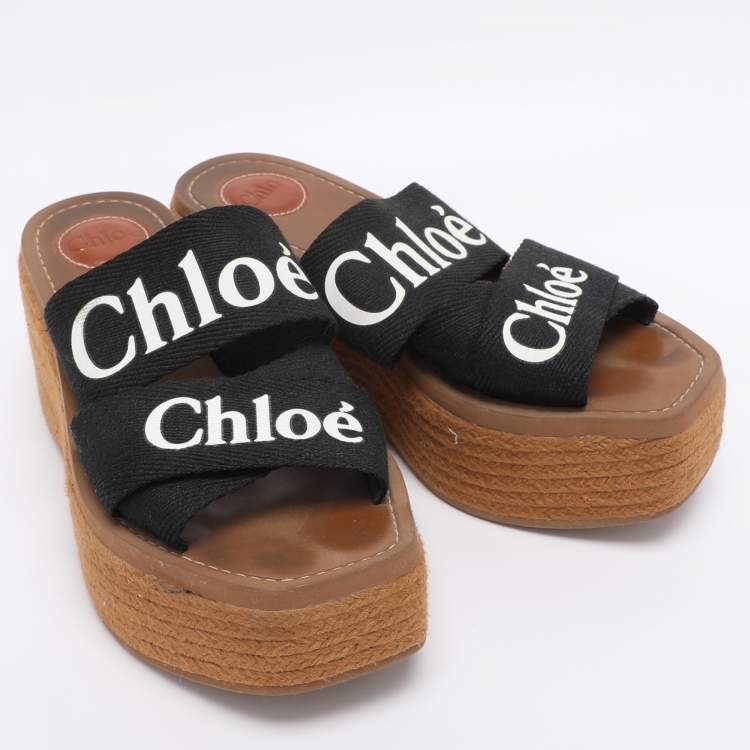 Pre Owned Chloe Black Canvas Logo Print Wedge Espadrilles Platform Slide Sandals Size 38