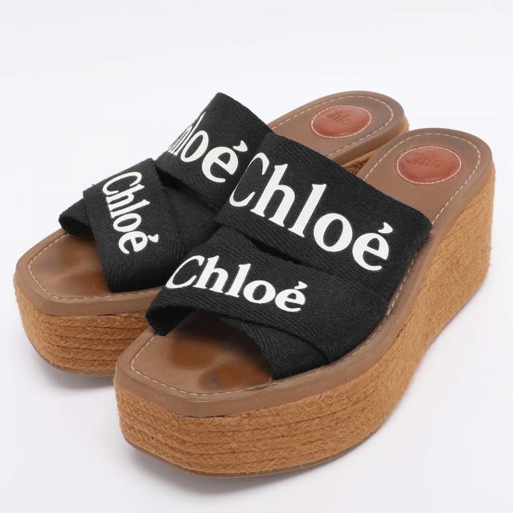 Pre Owned Chloe Black Canvas Logo Print Wedge Espadrilles Platform Slide Sandals Size 38