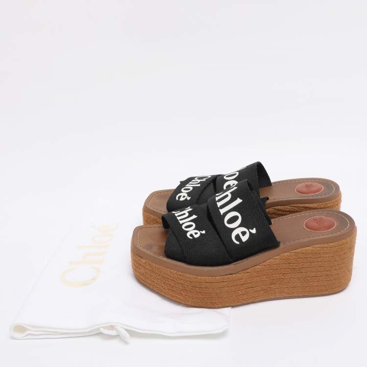 Pre Owned Chloe Black Canvas Logo Print Wedge Espadrilles Platform Slide Sandals Size 38