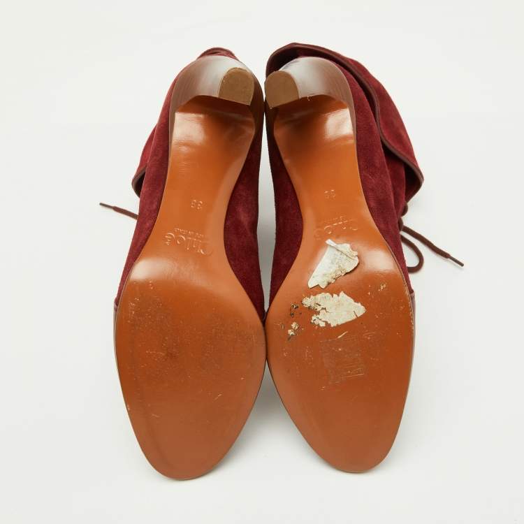 Pre Owned Chloe Burgundy Suede and Leather Kole Lace Up Booties Size 38