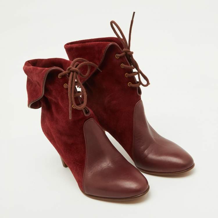 Pre Owned Chloe Burgundy Suede and Leather Kole Lace Up Booties Size 38
