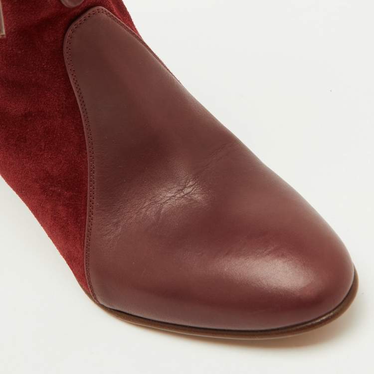 Pre Owned Chloe Burgundy Suede and Leather Kole Lace Up Booties Size 38