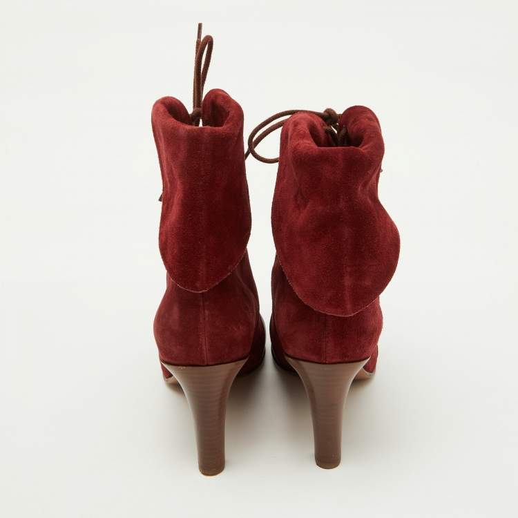 Pre Owned Chloe Burgundy Suede and Leather Kole Lace Up Booties Size 38