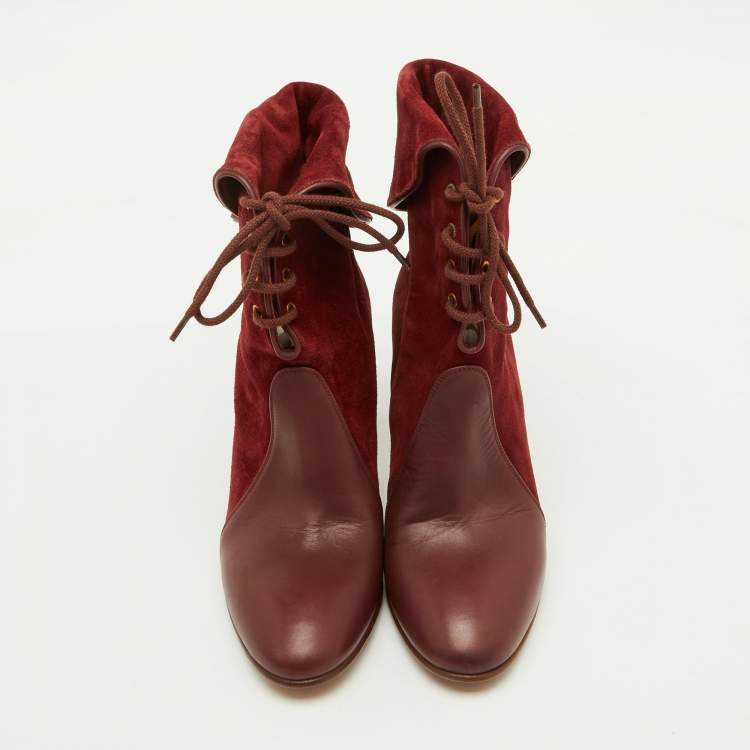 Pre Owned Chloe Burgundy Suede and Leather Kole Lace Up Booties Size 38
