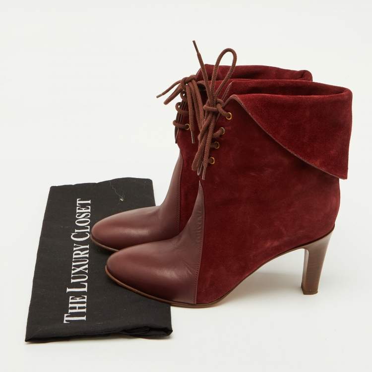 Pre Owned Chloe Burgundy Suede and Leather Kole Lace Up Booties Size 38