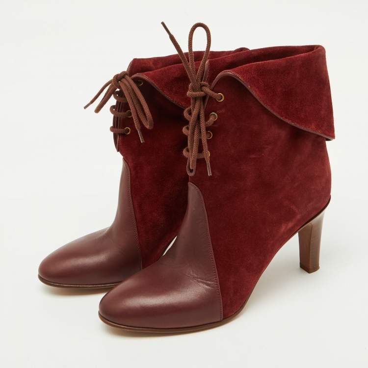 Pre Owned Chloe Burgundy Suede and Leather Kole Lace Up Booties Size 38