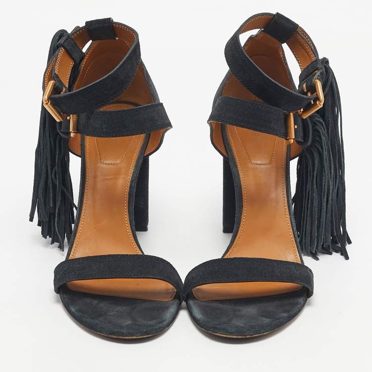 Pre Owned Chloe Navy Blue Suede Fringe Detail Ankle Strap Sandals Size 40.5