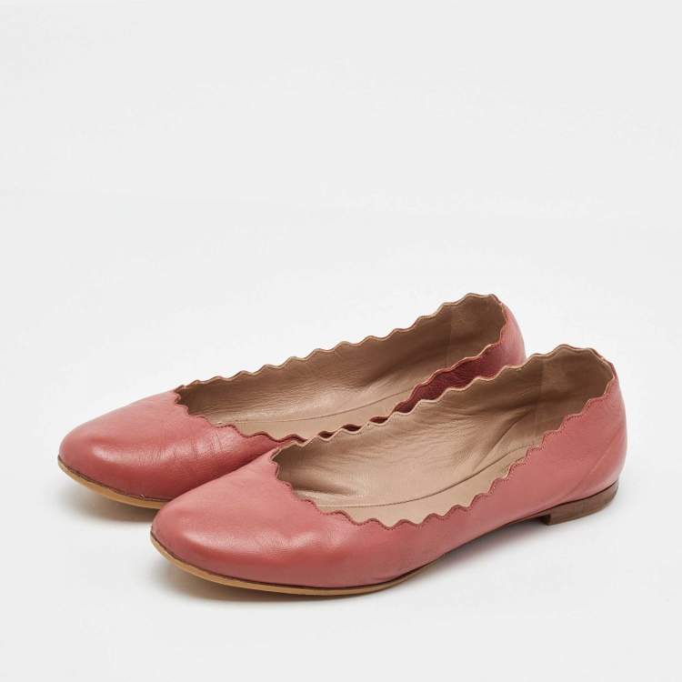 Pre Owned Chloe Peach Pink Scalloped Leather Lauren Ballet Flats Size 37
