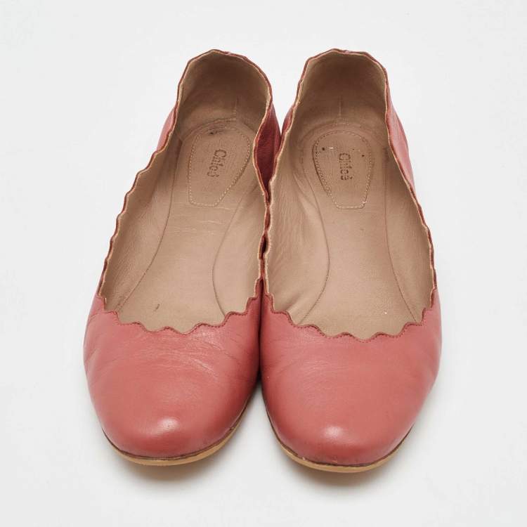 Pre Owned Chloe Peach Pink Scalloped Leather Lauren Ballet Flats Size 37