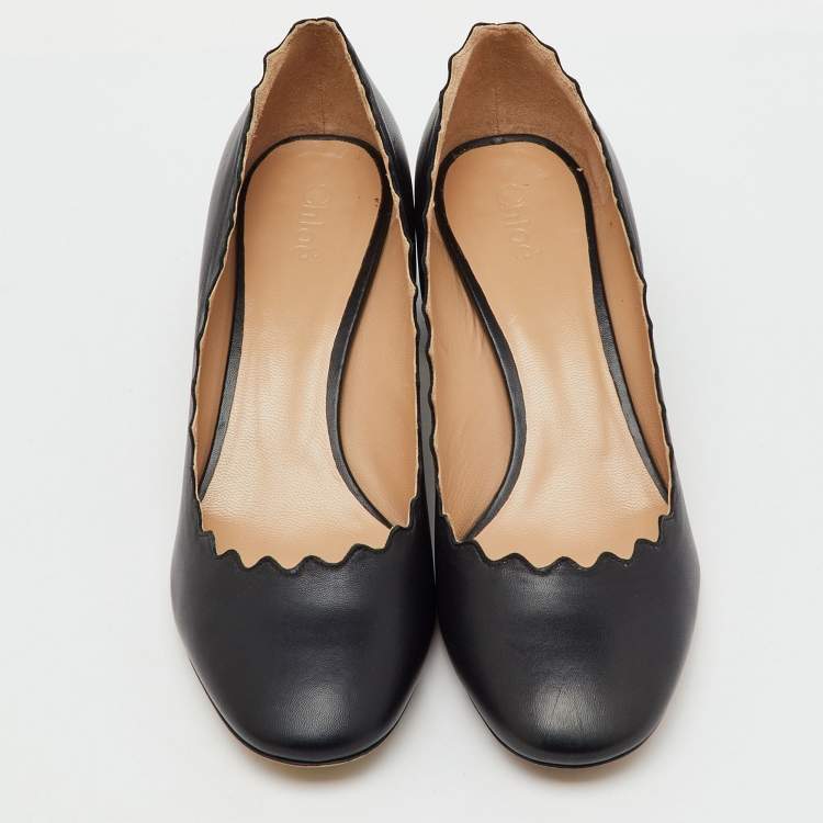 Pre Owned Chloe Black Leather Lauren Scallop Trim Block Heel Pumps Size 36.5