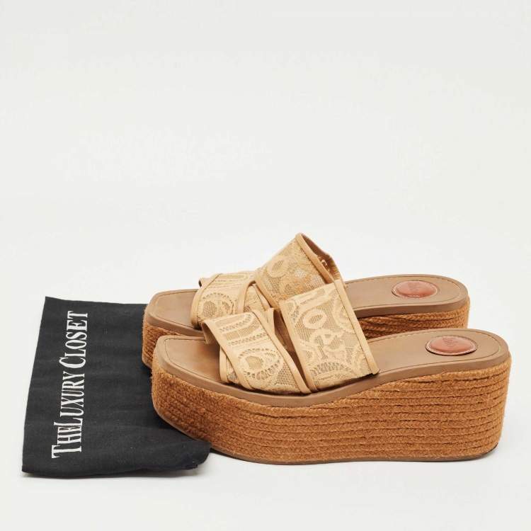 Pre Owned Chloe Brown Lace and Mesh Woody Platform Espadrille Sandals Size 40