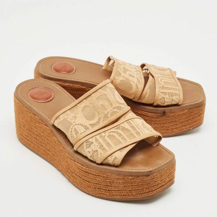 Pre Owned Chloe Brown Lace and Mesh Woody Platform Espadrille Sandals Size 40