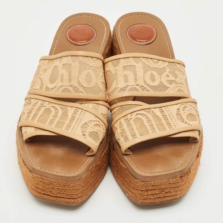 Pre Owned Chloe Brown Lace and Mesh Woody Platform Espadrille Sandals Size 40