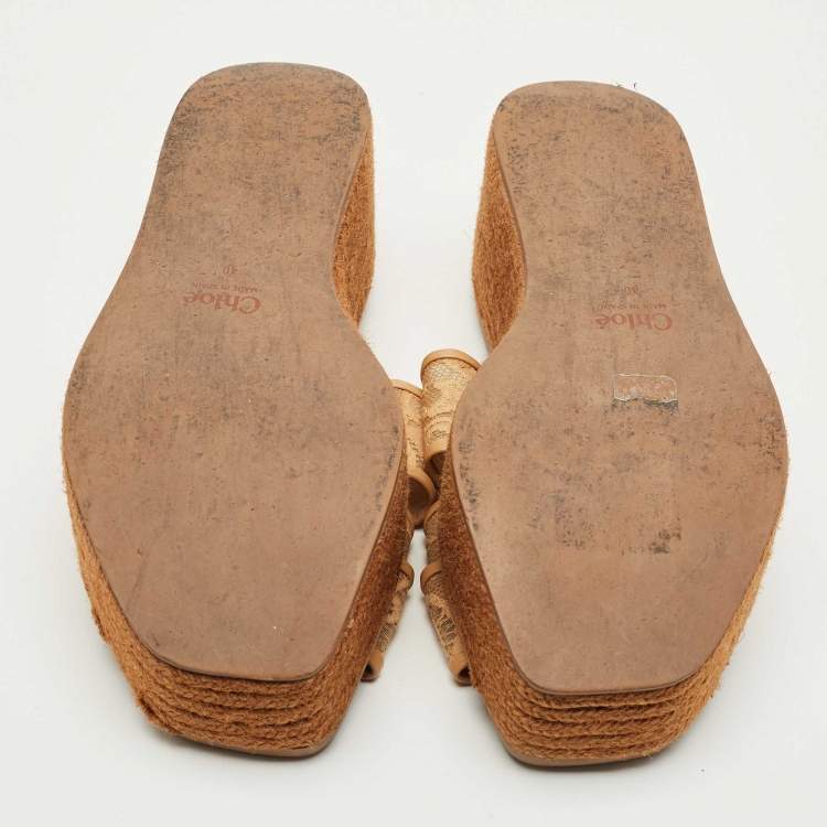 Pre Owned Chloe Brown Lace and Mesh Woody Platform Espadrille Sandals Size 40
