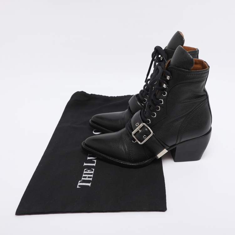 Pre Owned Chloe Black Leather Lace Up Booties Size 35