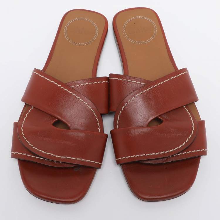 Pre Owned Chloe Brown Leather Slide Sandals Size 35