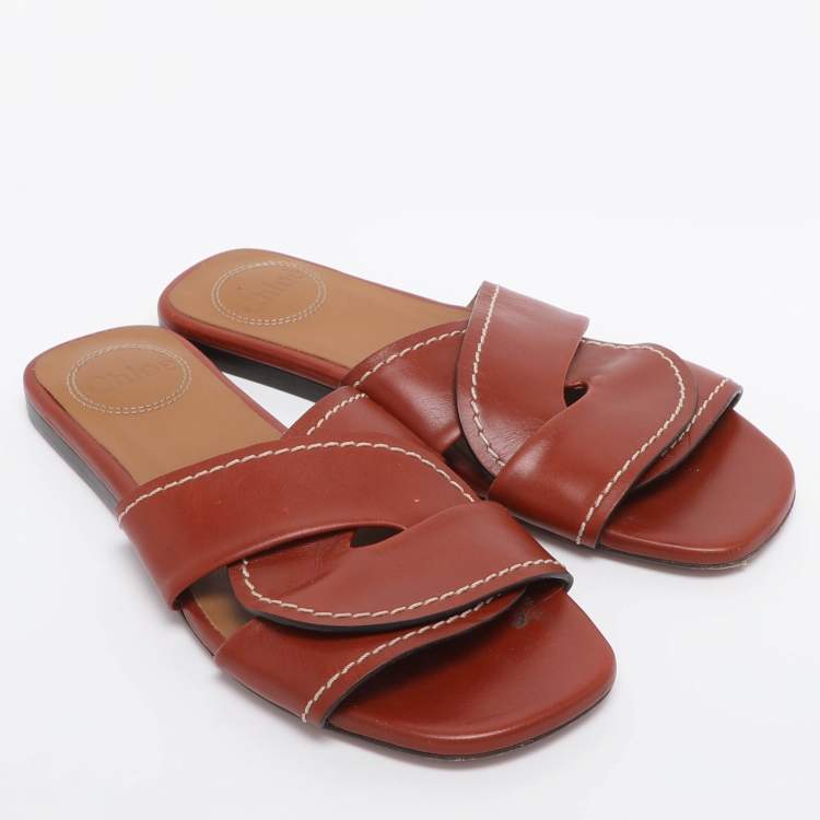 Pre Owned Chloe Brown Leather Slide Sandals Size 35