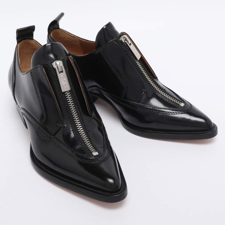 Pre Owned Chloé Black Patent Leather Rylee Zip Up Derby Size 35.5