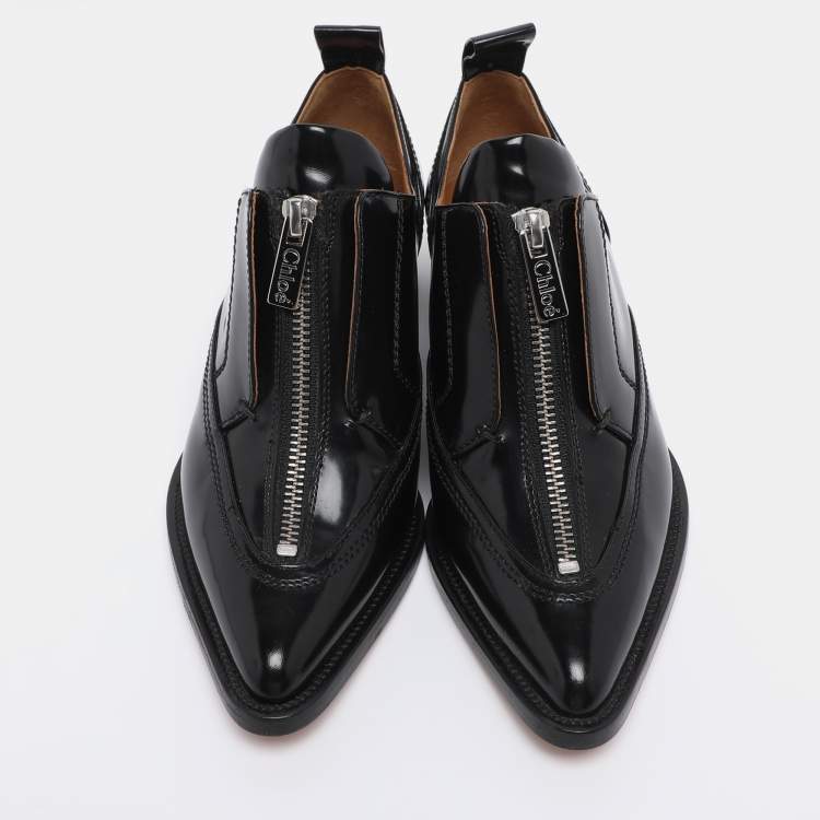 Pre Owned Chloé Black Patent Leather Rylee Zip Up Derby Size 35.5