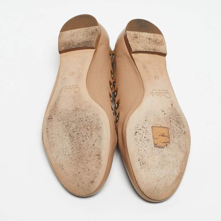 Pre Owned Chloe Beige Scalloped Leather Eyelet Detail Ballet Flats Size 36