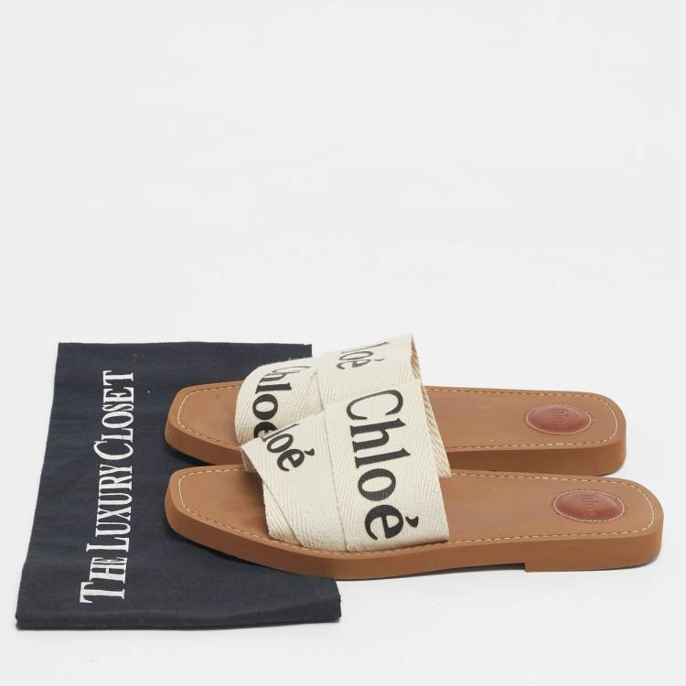 Pre Owned Chloe Cream Canvas Woody Slide Sandals Size 39