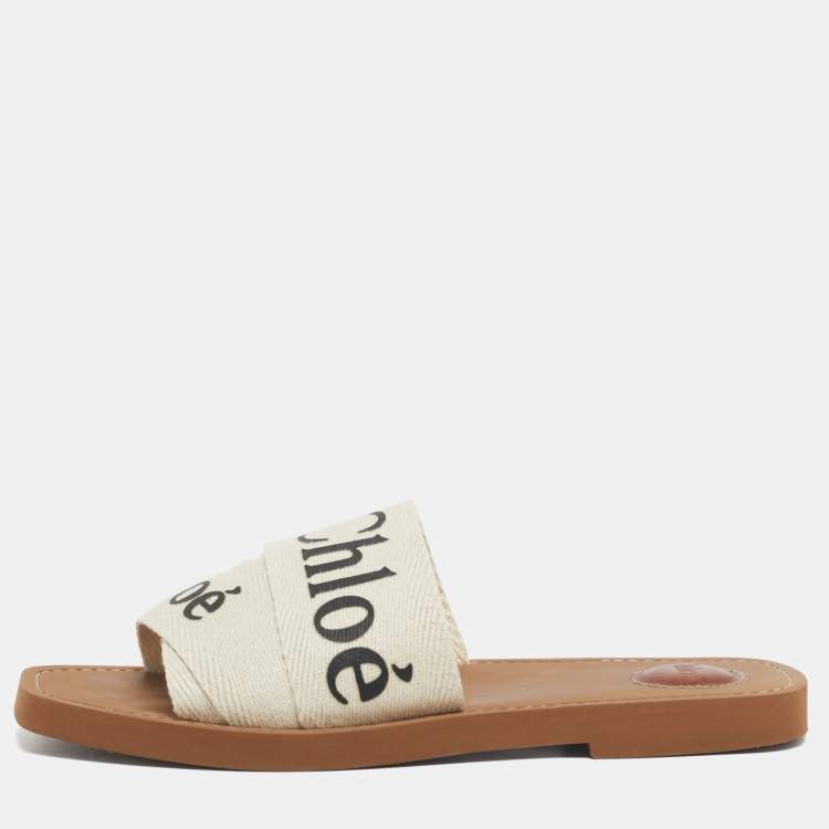 Pre Owned Chloe Cream Canvas Woody Slide Sandals Size 39