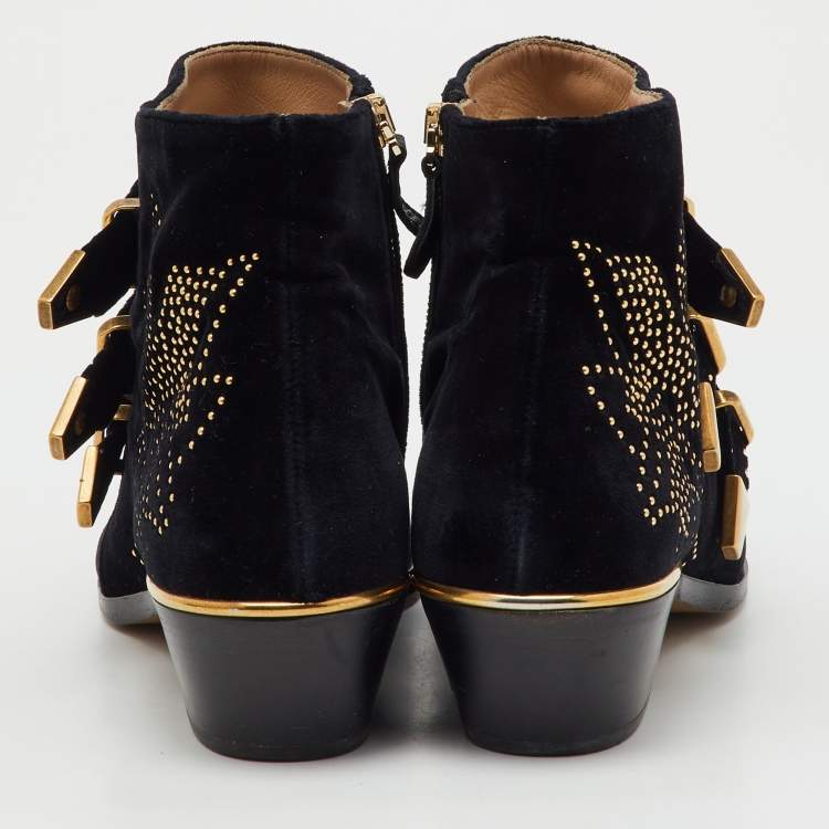 Pre Owned Chloe Black Velvet Susanna Studded Ankle Length Boots Size 37