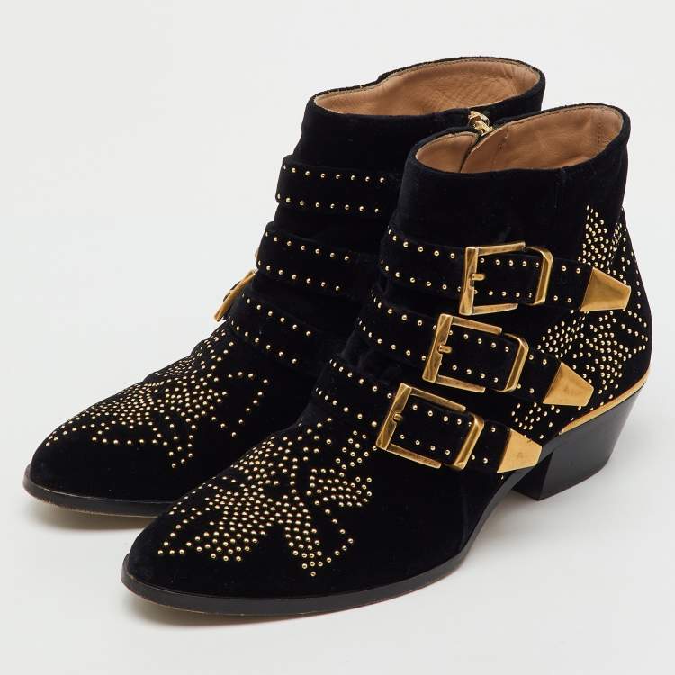 Pre Owned Chloe Black Velvet Susanna Studded Ankle Length Boots Size 37