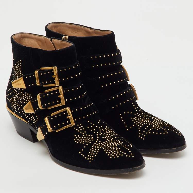 Pre Owned Chloe Black Velvet Susanna Studded Ankle Length Boots Size 37