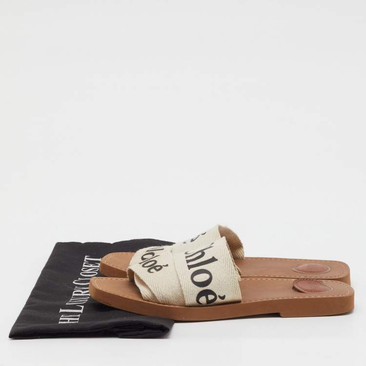 Pre Owned Chloé Off White Canvas Logo Ribbon Woody Flat Slide Sandals Size 38