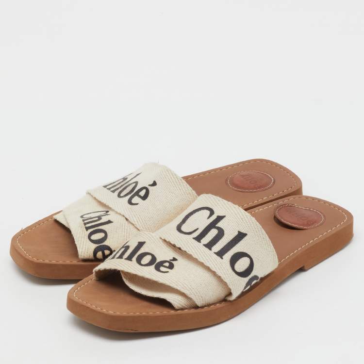Pre Owned Chloé Off White Canvas Logo Ribbon Woody Flat Slide Sandals Size 38