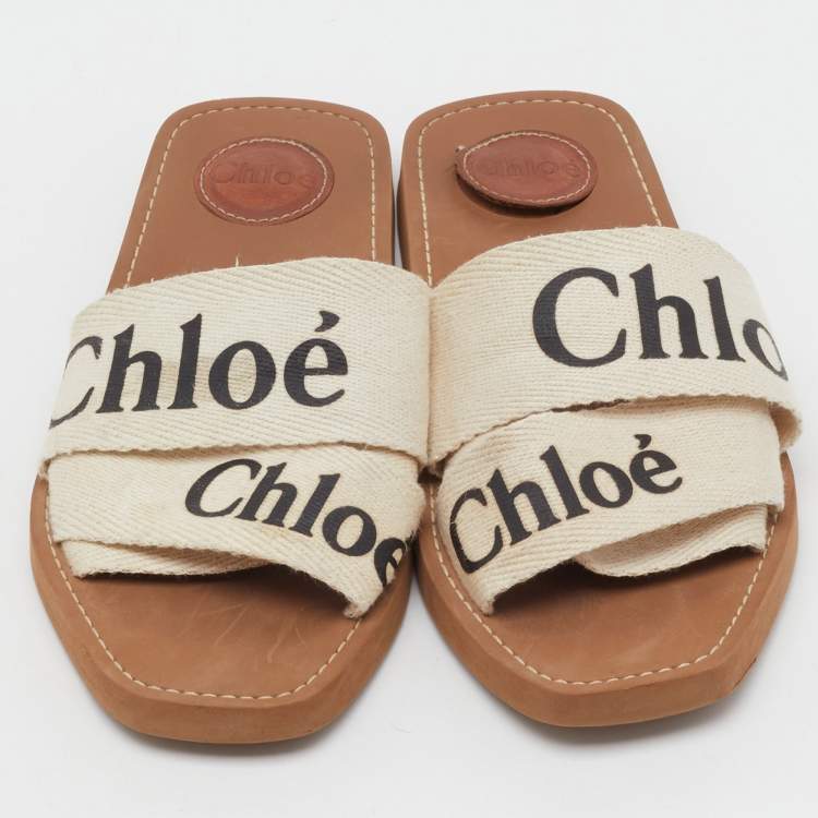 Pre Owned Chloé Off White Canvas Logo Ribbon Woody Flat Slide Sandals Size 38