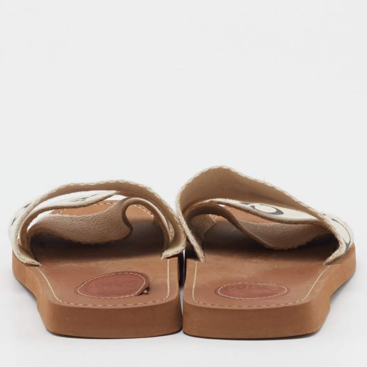 Pre Owned Chloé Off White Canvas Logo Ribbon Woody Flat Slide Sandals Size 38