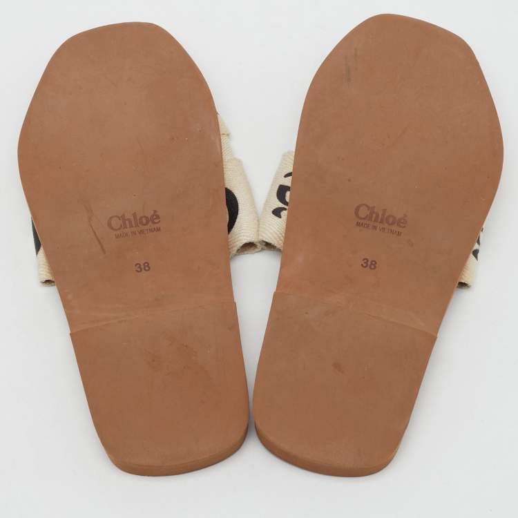 Pre Owned Chloé Off White Canvas Logo Ribbon Woody Flat Slide Sandals Size 38