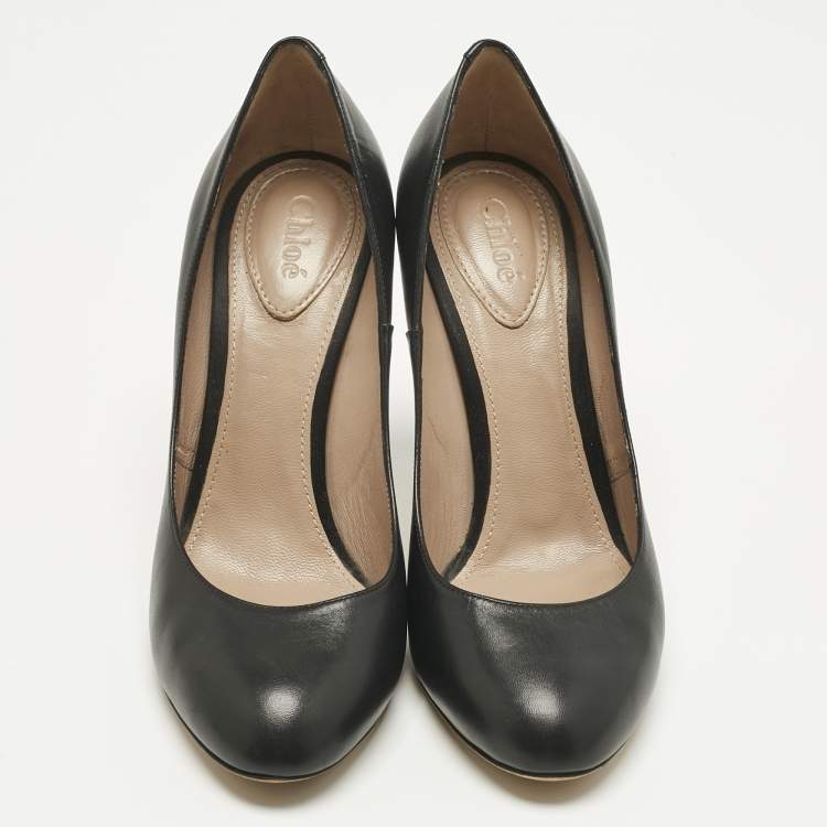 Pre Owned Chloe Black Leather Round Toe Pumps Size 37.5