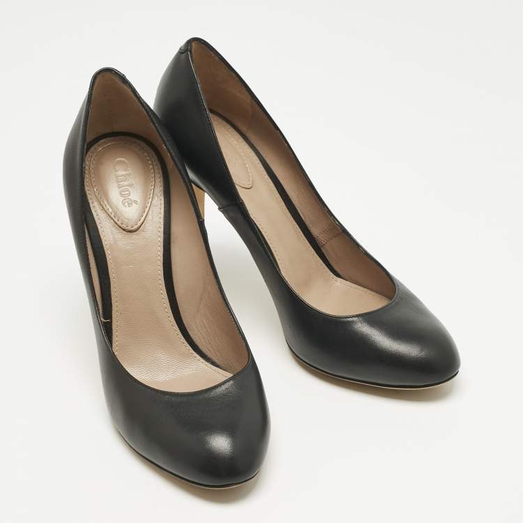 Pre Owned Chloe Black Leather Round Toe Pumps Size 37.5