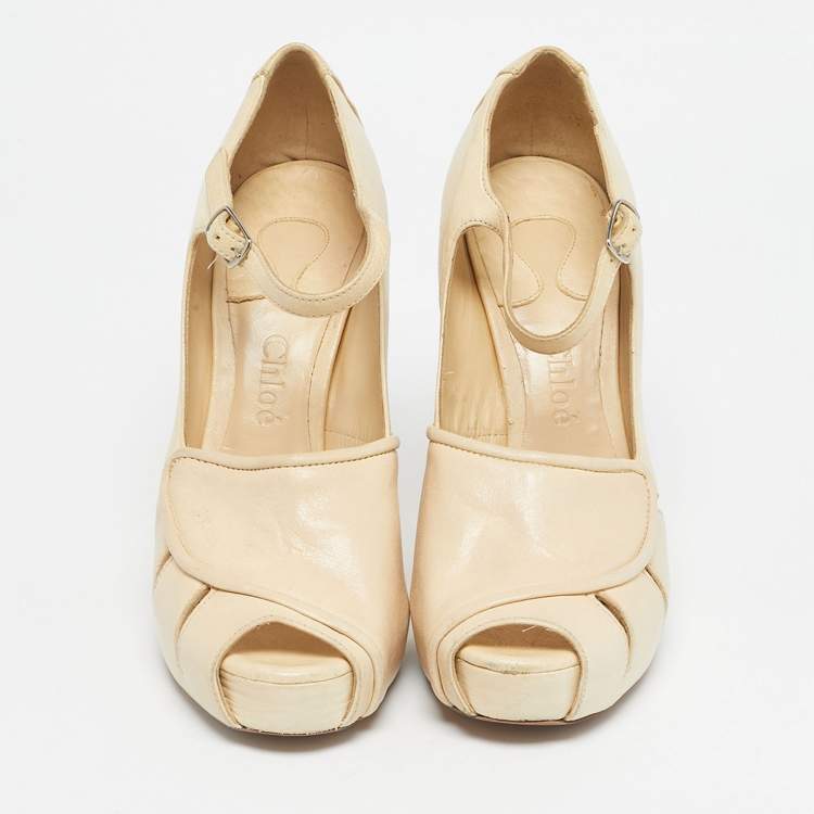 Pre Owned Chloe Beige Leather Mary Jane Pumps Size 38