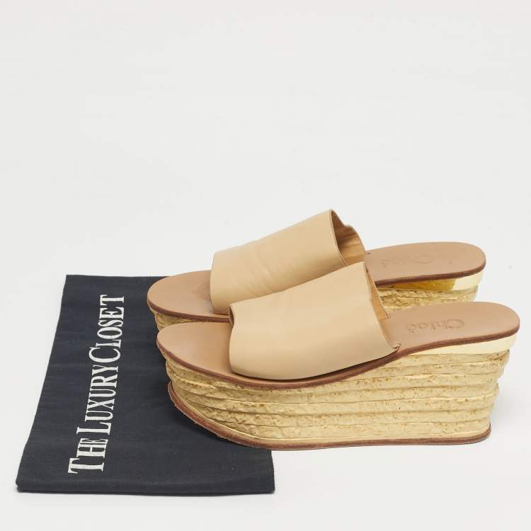 Pre Owned Chloe Beige Leather Wedge Slide Sandals Size 36