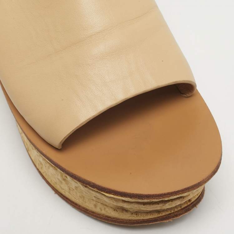 Pre Owned Chloe Beige Leather Wedge Slide Sandals Size 36