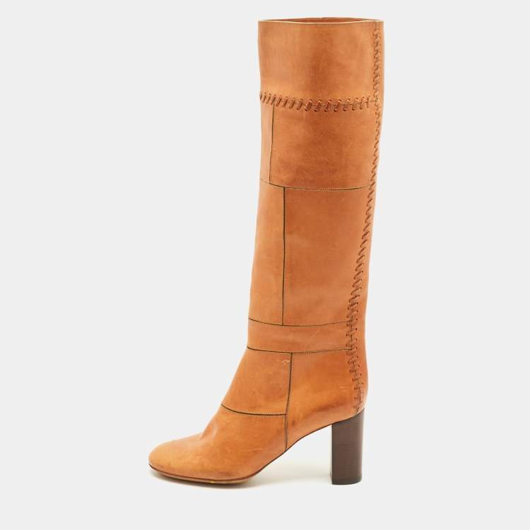 Pre Owned Chloe Brown Leather Knee Length Boots Size 36.5